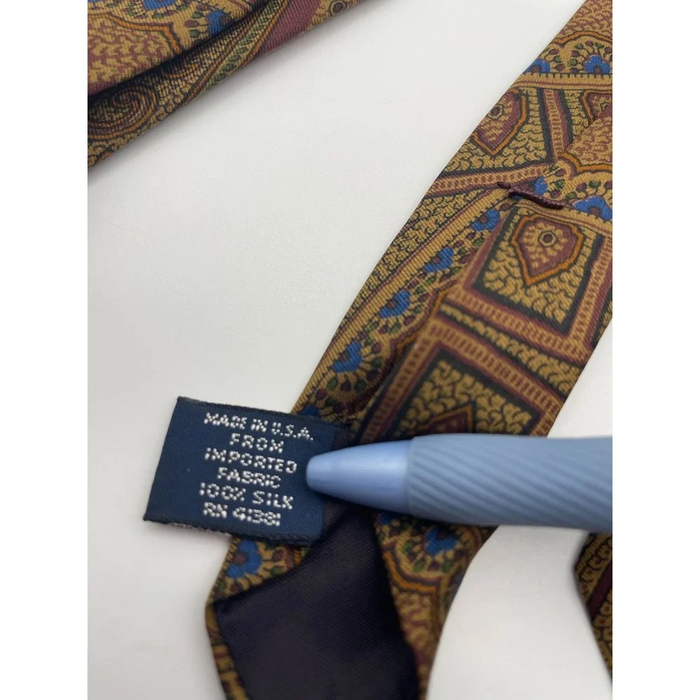 Polo Ralph Lauren Silk Tie Gold Burgundy Paisley Medallion Made in USA Hand Made